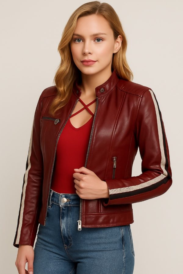 Premium Women's Reddish-Brown Leather Biker Jacket - Image 2