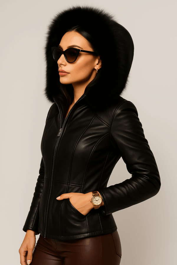 Women Black Leather Zipper Sheepskin Jacket With Removable Cap