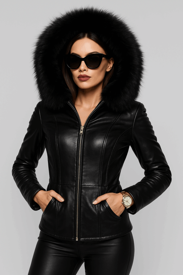 Women Black Leather Zipper Sheepskin Jacket With Removable Cap - Image 5
