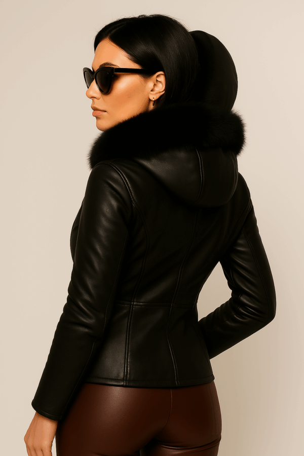 Women Black Leather Zipper Sheepskin Jacket With Removable Cap - Image 4