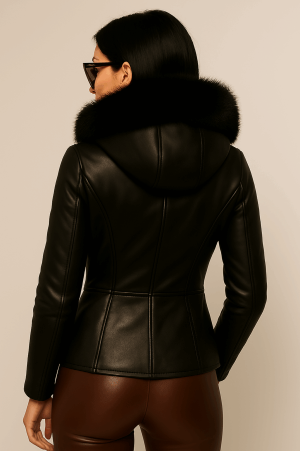 Women Black Leather Zipper Sheepskin Jacket With Removable Cap - Image 3