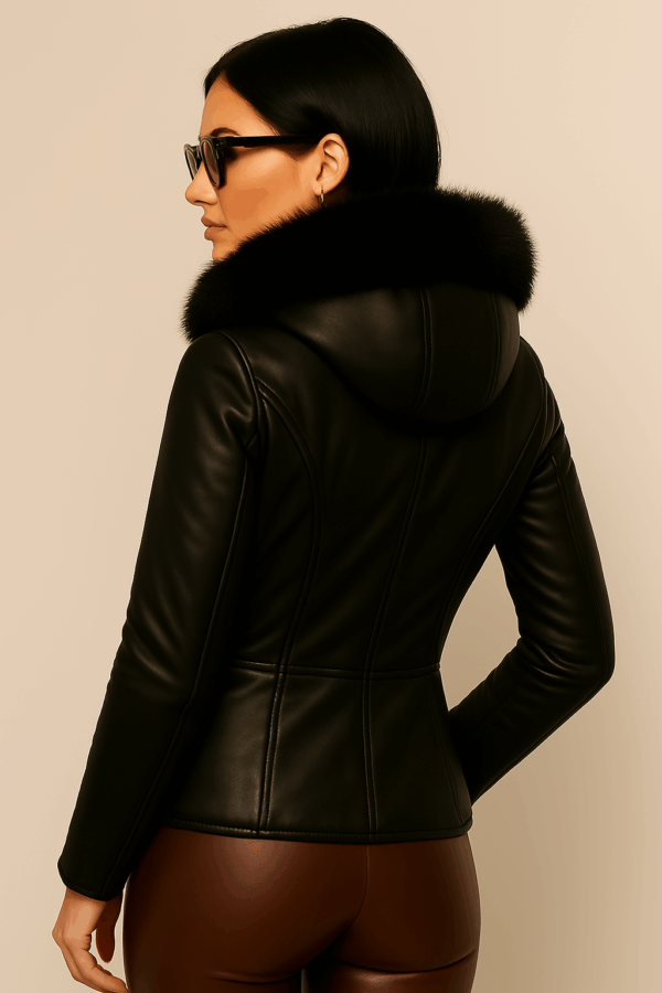 Women Black Leather Zipper Sheepskin Jacket With Removable Cap - Image 2