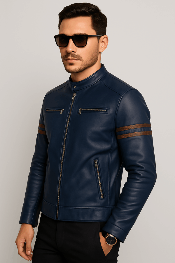 Men’s Premium Navy Blue Sports Leather Jacket - Image 8