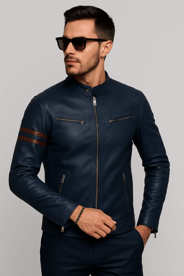 Men’s Premium Navy Blue Sports Leather Jacket - Image 2