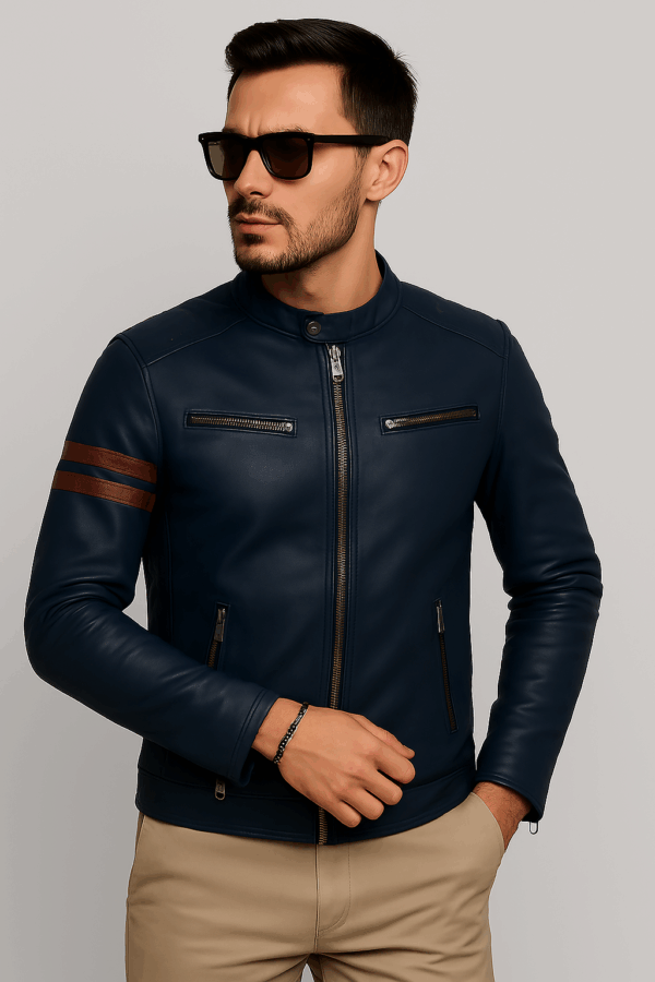 Men’s Premium Navy Blue Sports Leather Jacket - Image 9