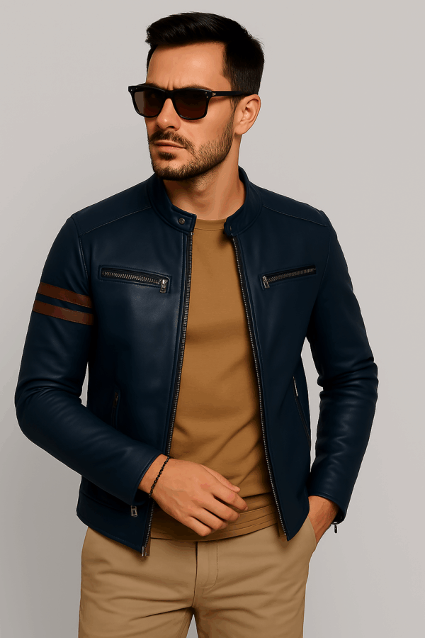 Men’s Premium Navy Blue Sports Leather Jacket - Image 11