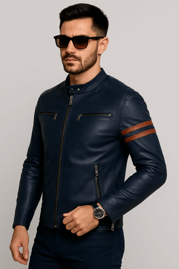 Men’s Premium Navy Blue Sports Leather Jacket - Image 7