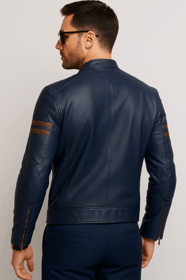 Men’s Premium Navy Blue Sports Leather Jacket - Image 6