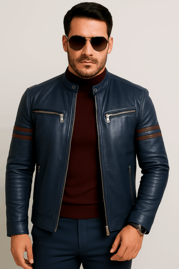 Men’s Premium Navy Blue Sports Leather Jacket - Image 5