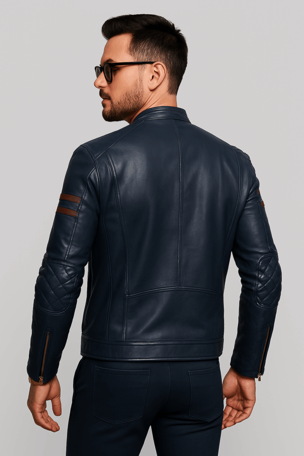 Men’s Premium Navy Blue Sports Leather Jacket - Image 4