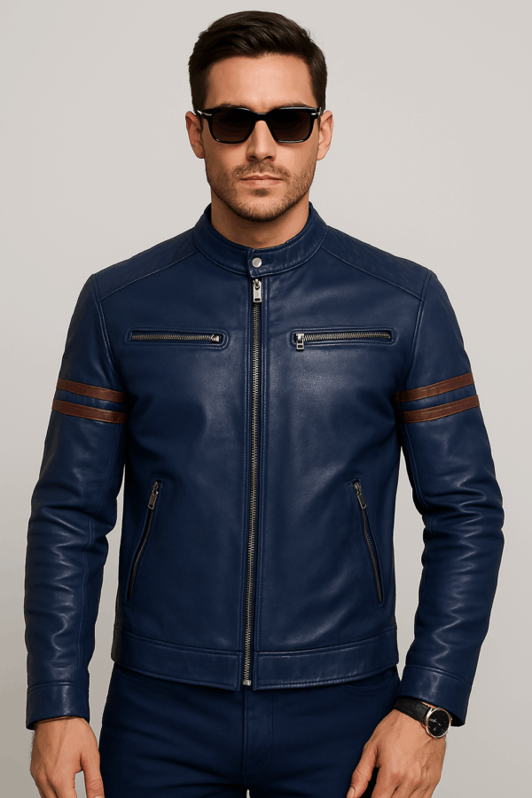 Men’s Premium Navy Blue Sports Leather Jacket - Image 3