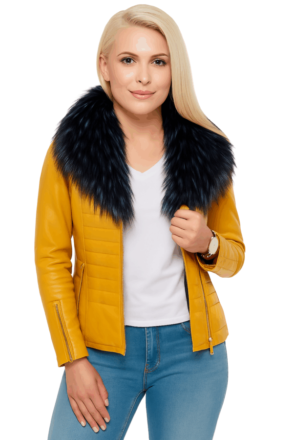 Blue Leather Moto Jacket for Women with Detachable Fur - Image 3