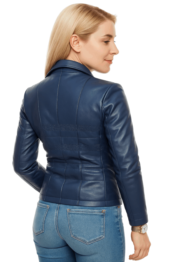 Blue Leather Moto Jacket for Women with Detachable Fur - Image 9