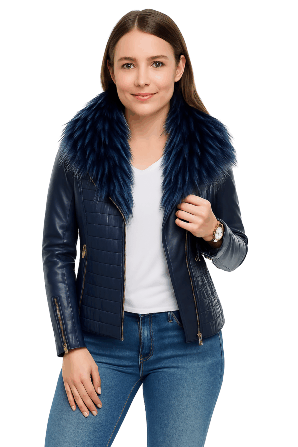 Blue Leather Moto Jacket for Women with Detachable Fur - Image 12