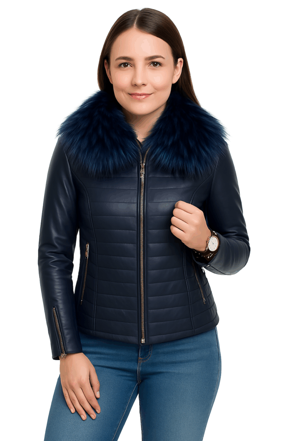Blue Leather Moto Jacket for Women with Detachable Fur - Image 7