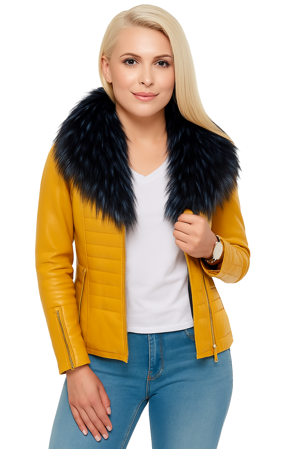 Blue Leather Moto Jacket for Women with Detachable Fur - Image 10