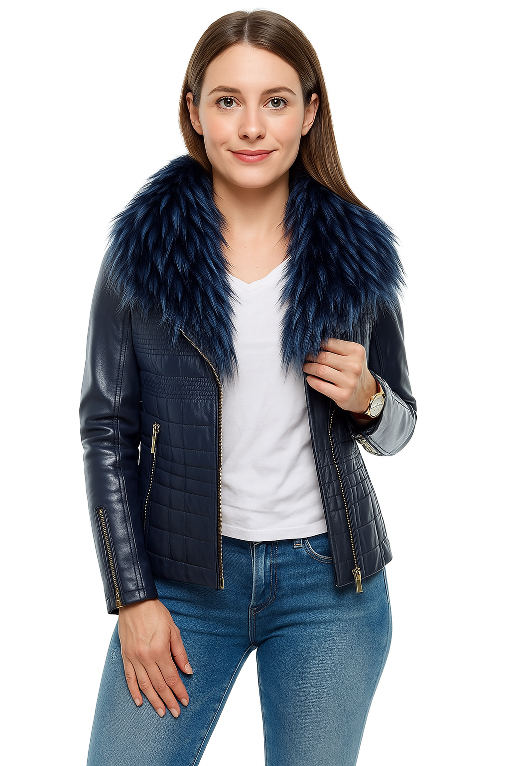 Blue Leather Moto Jacket for Women with Detachable Fur - Image 9