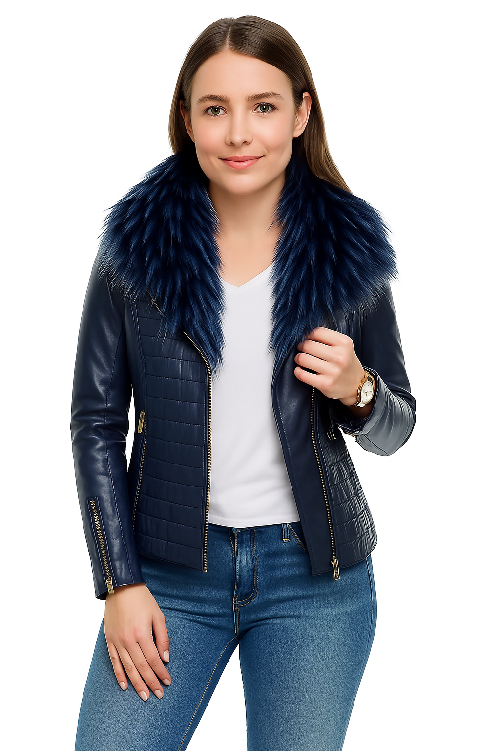 Blue Leather Moto Jacket for Women with Detachable Fur - Image 7