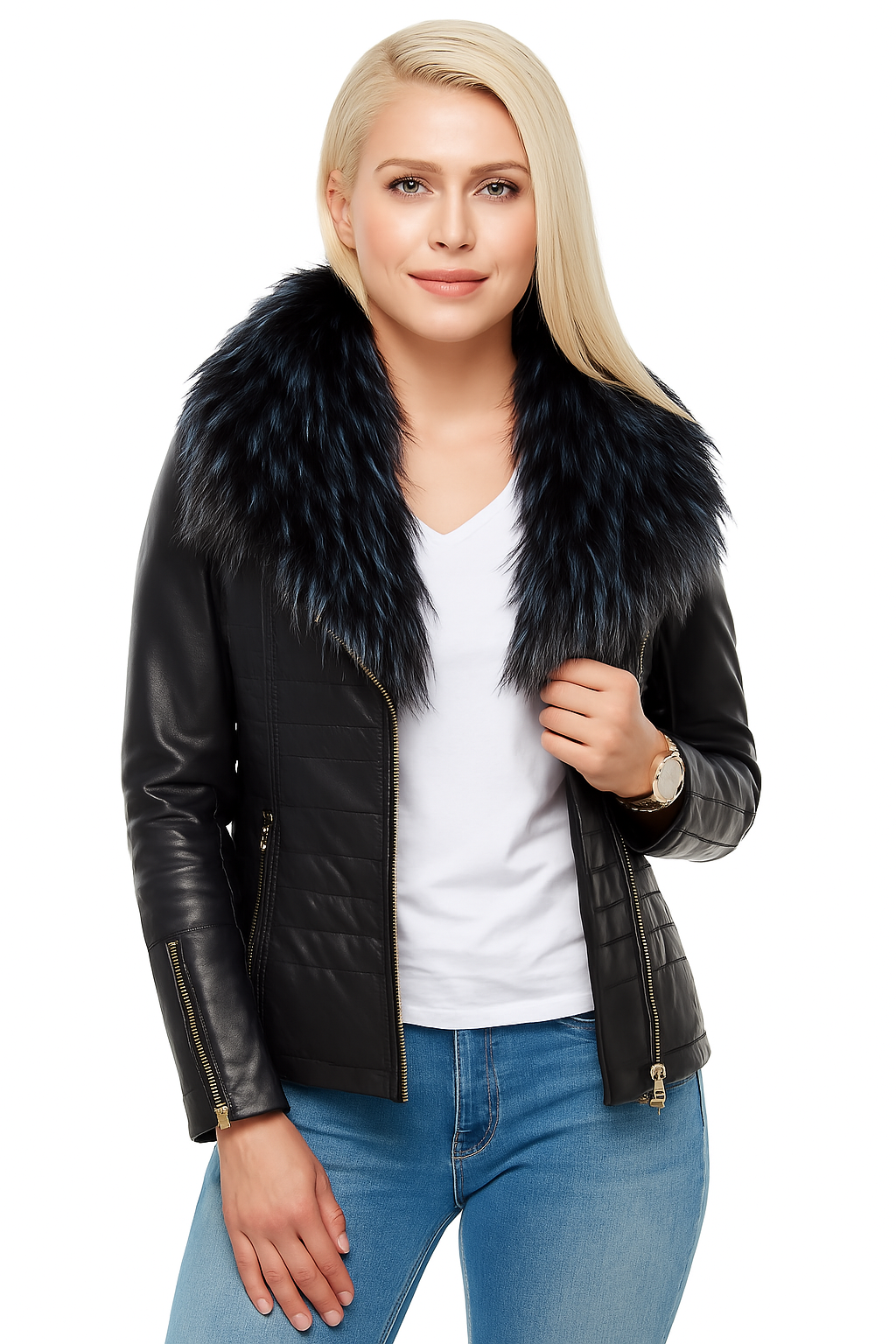 Blue Leather Moto Jacket for Women with Detachable Fur - Image 6