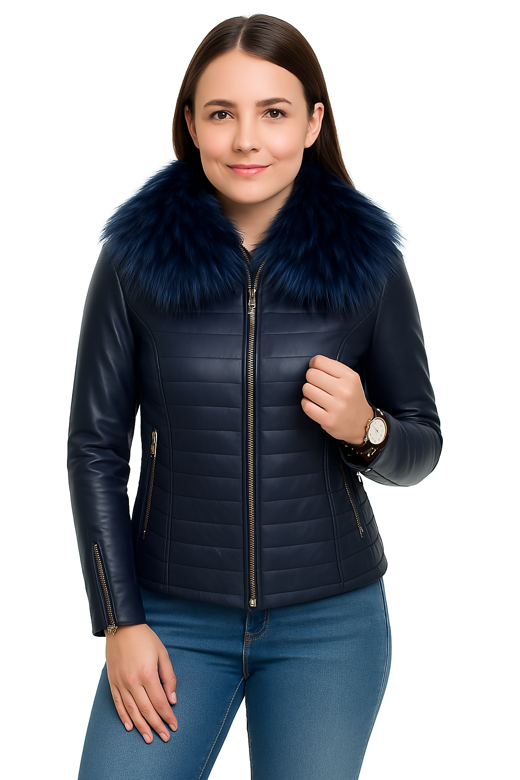 Blue Leather Moto Jacket for Women with Detachable Fur - Image 5