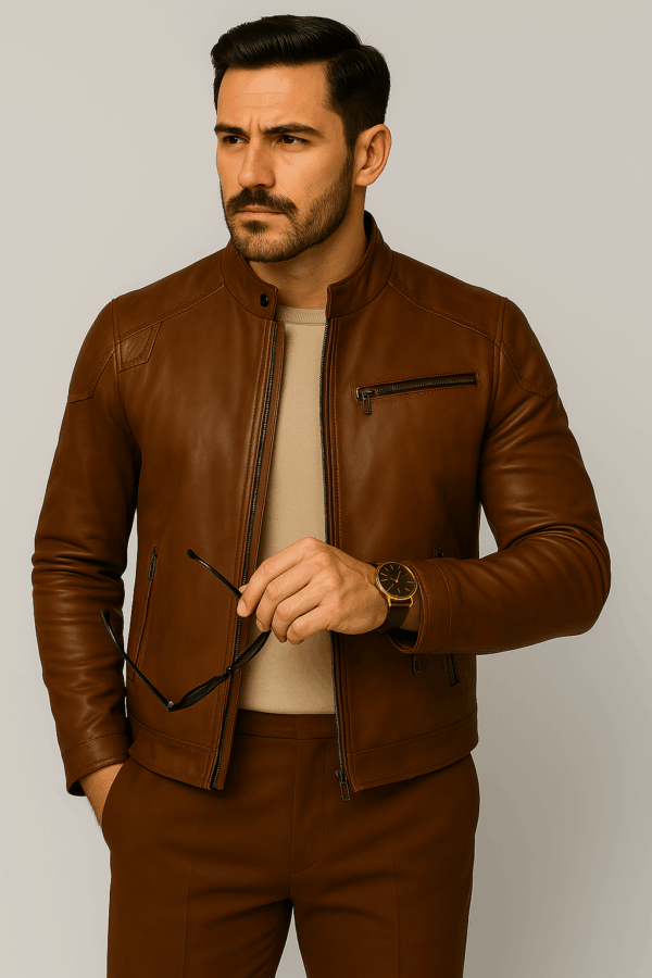 Men's Brown Genuine Leather Jacket - Image 4