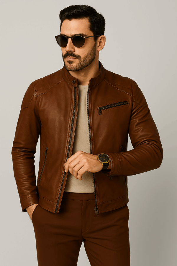 Men's Brown Genuine Leather Jacket - Image 5