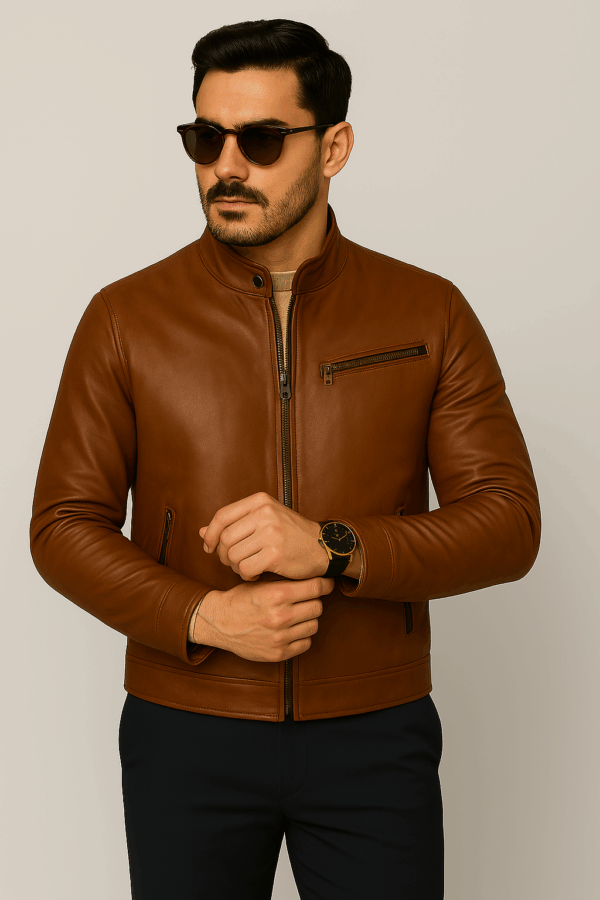 Men's Brown Genuine Leather Jacket - Image 2