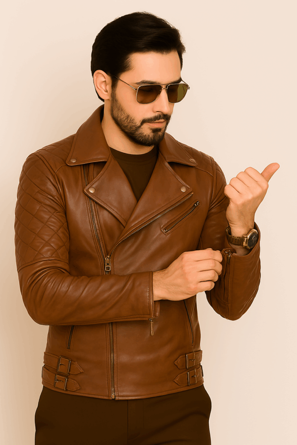 Classic Brown Leather Biker Jacket Brando Style - Image 2