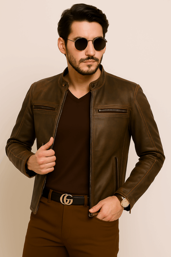 Men Stylish Classic Distressed Triple Stitched Brown Leather Jacket - Image 3