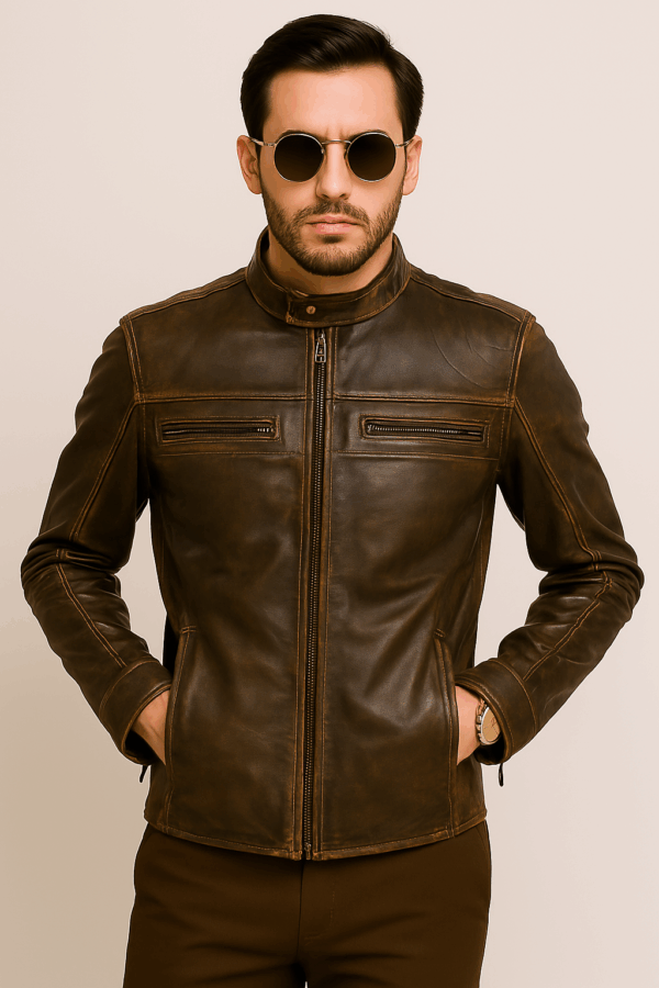 Men Stylish Classic Distressed Triple Stitched Brown Leather Jacket - Image 4