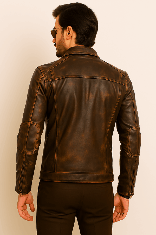 Men Stylish Classic Distressed Triple Stitched Brown Leather Jacket - Image 5