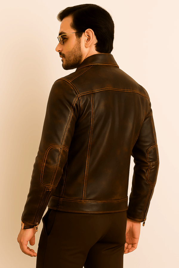 Men Stylish Classic Distressed Triple Stitched Brown Leather Jacket - Image 6