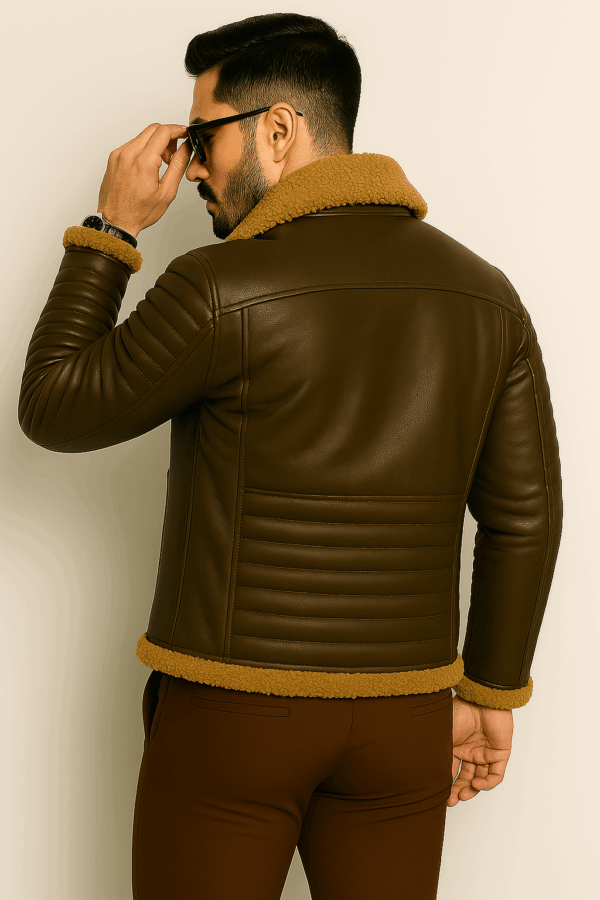Men’s Classic Brown Leather Rider Jacket with Fur - Image 9