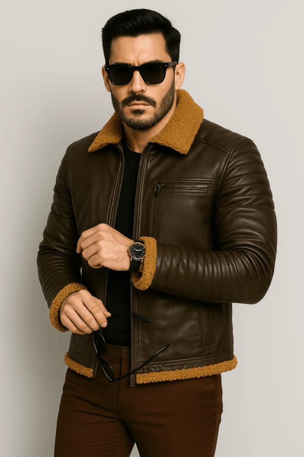 Men’s Classic Brown Leather Rider Jacket with Fur - Image 8