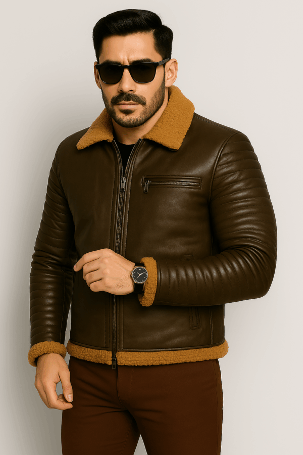 Men’s Classic Brown Leather Rider Jacket with Fur - Image 7
