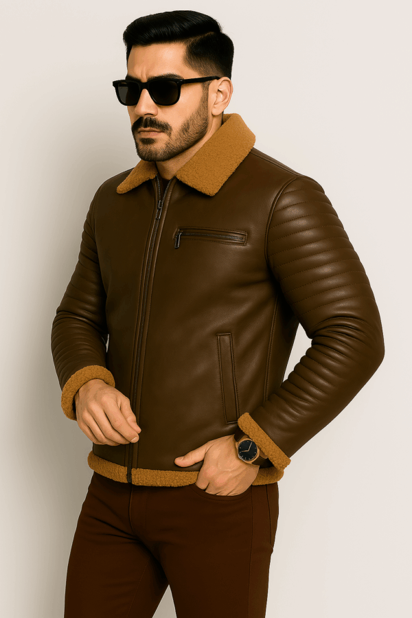 Men’s Classic Brown Leather Rider Jacket with Fur - Image 6