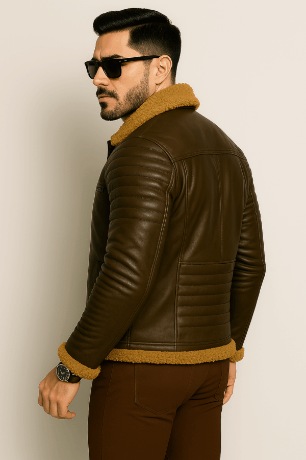 Men’s Classic Brown Leather Rider Jacket with Fur - Image 5