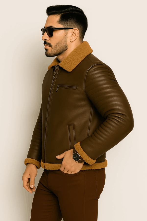 Men’s Classic Brown Leather Rider Jacket with Fur - Image 4