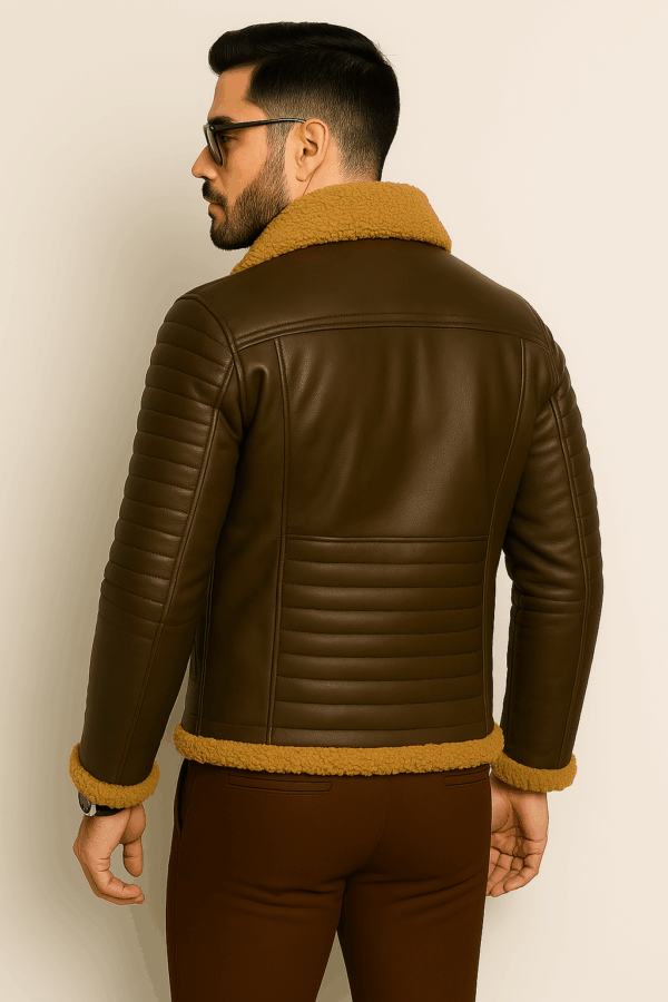 Men’s Classic Brown Leather Rider Jacket with Fur - Image 3