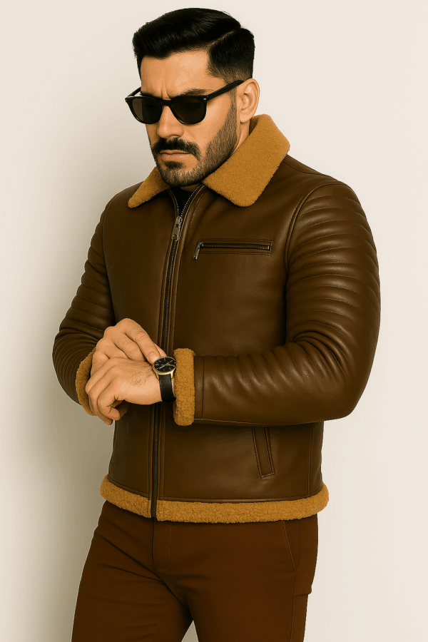 Men’s Classic Brown Leather Rider Jacket with Fur - Image 2