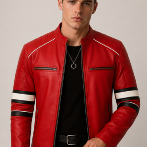Classic Red Leather Biker Jacket with Padded Shoulders for Men