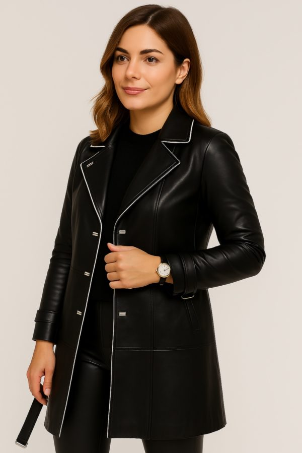 Chic Black Leather Trench Coat for Women - Image 10