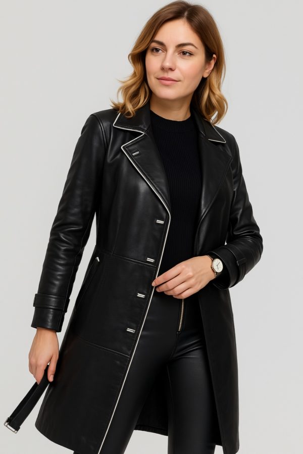 Chic Black Leather Trench Coat for Women - Image 3