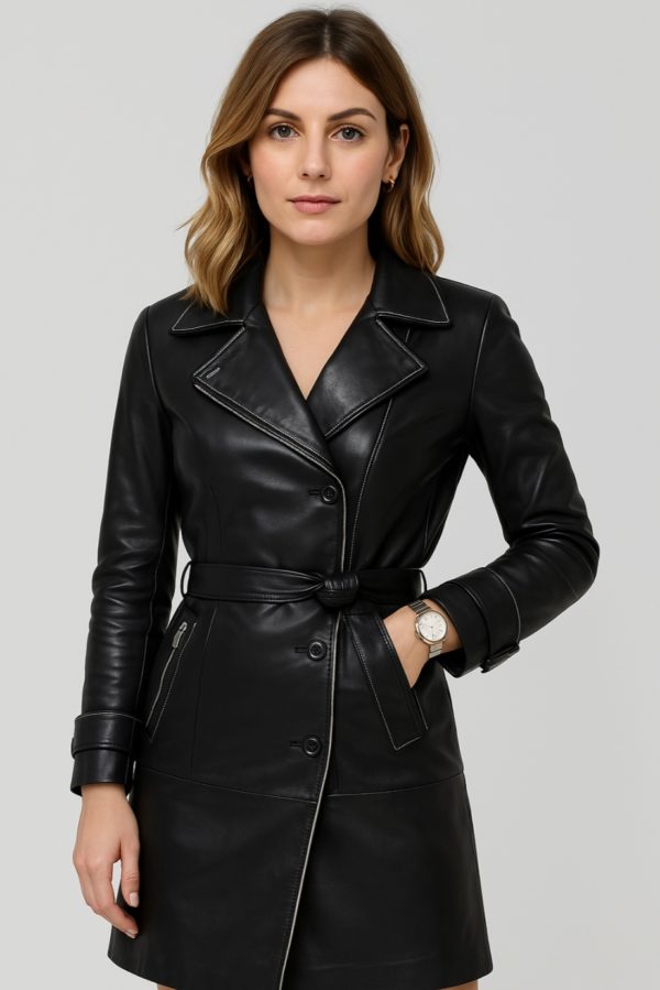 Chic Black Leather Trench Coat for Women - Image 5