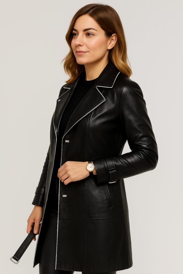 Chic Black Leather Trench Coat for Women - Image 6
