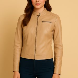 Classic Beige Leather Moto Jacket for Women