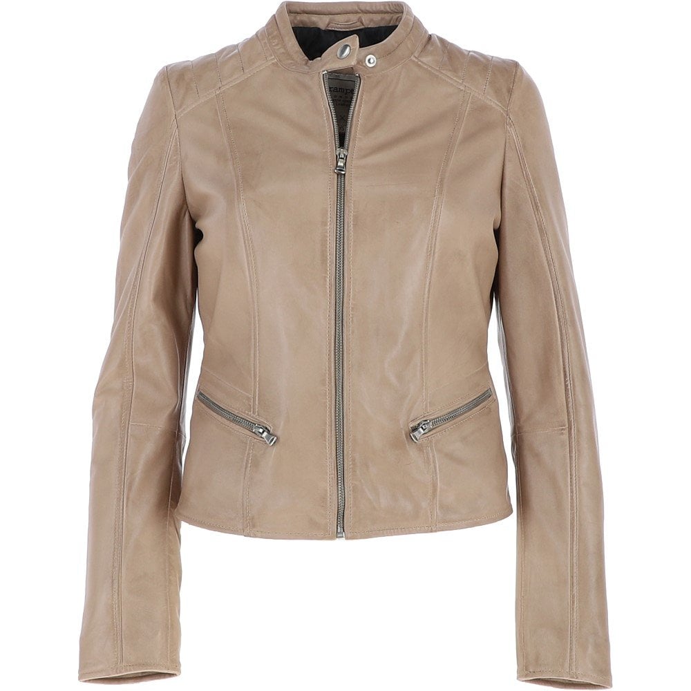 Classic Beige Leather Moto Jacket for Women - Image 2