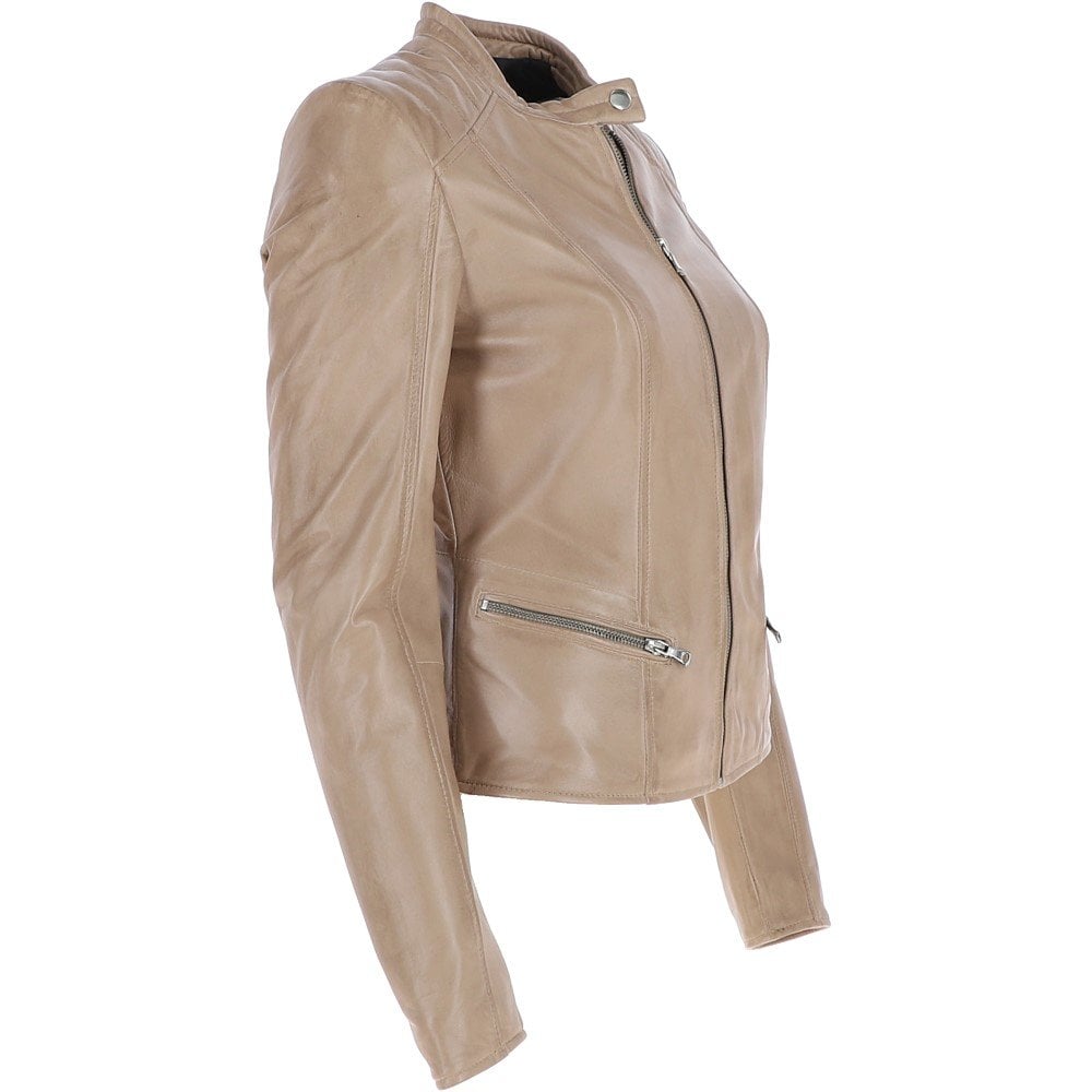 Classic Beige Leather Moto Jacket for Women - Image 5