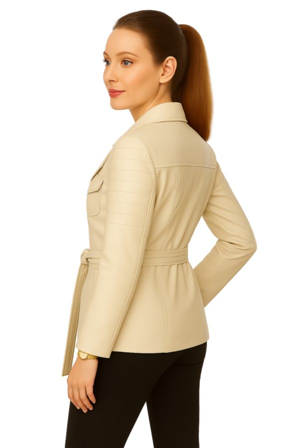 Classic Women’s Beige Real Leather Trench Coat - Image 9