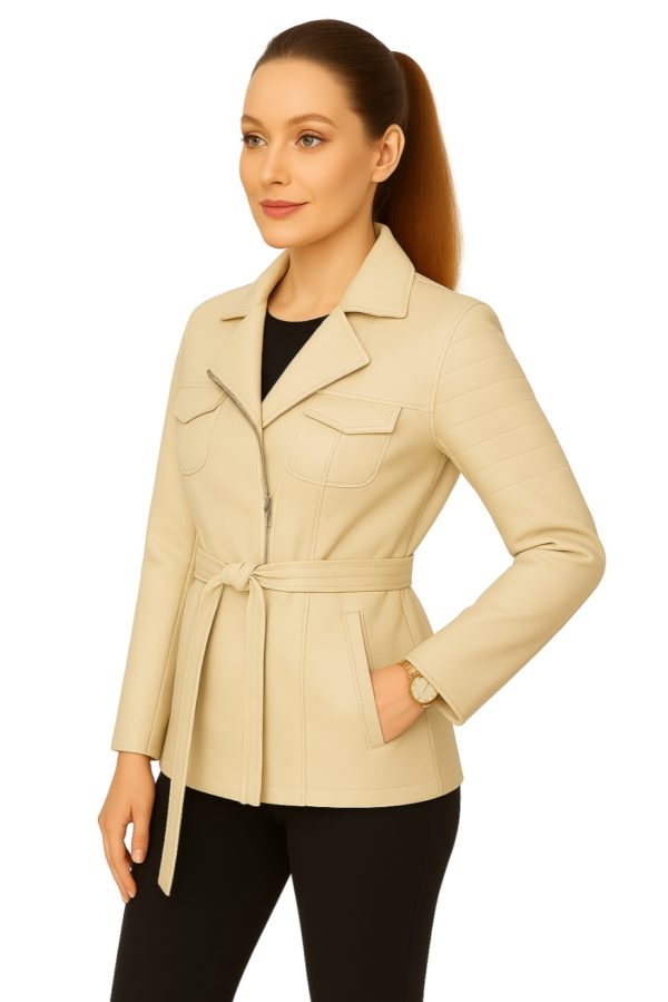 Classic Women’s Beige Real Leather Trench Coat - Image 7
